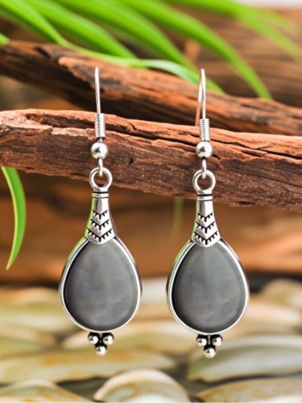 Silver-Tone Gray Teardrop Dangle Earrings - Women Jewelry